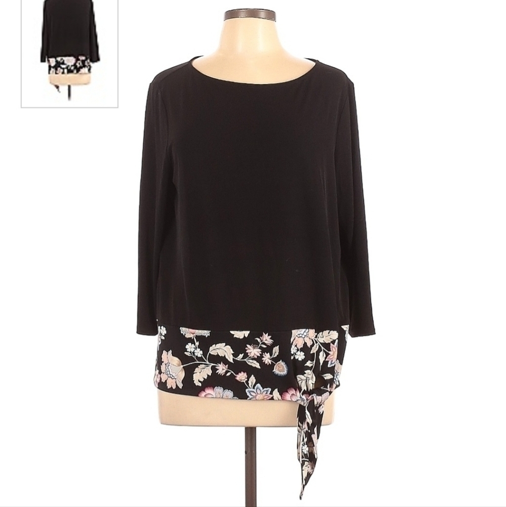 Chico's 3/4 Sleve Black Floral Tie Waist Blouse Top Vanity Size 2 = Large 12 EUC